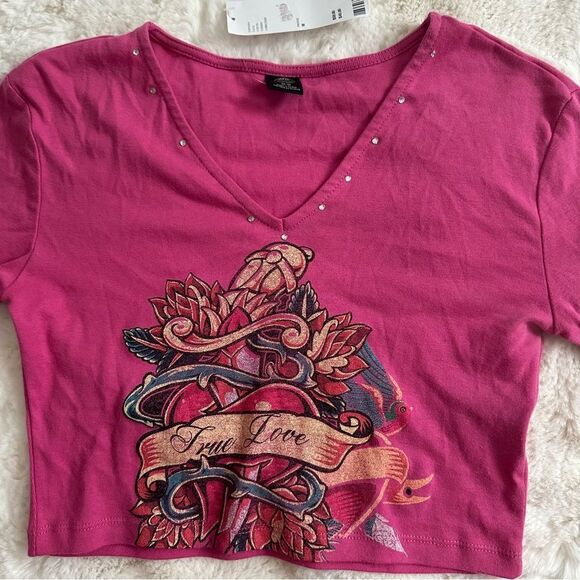 NWT Urban Outfitters UO size M pink y2k ed hardy style cropped long sleeve - Picture 5 of 11